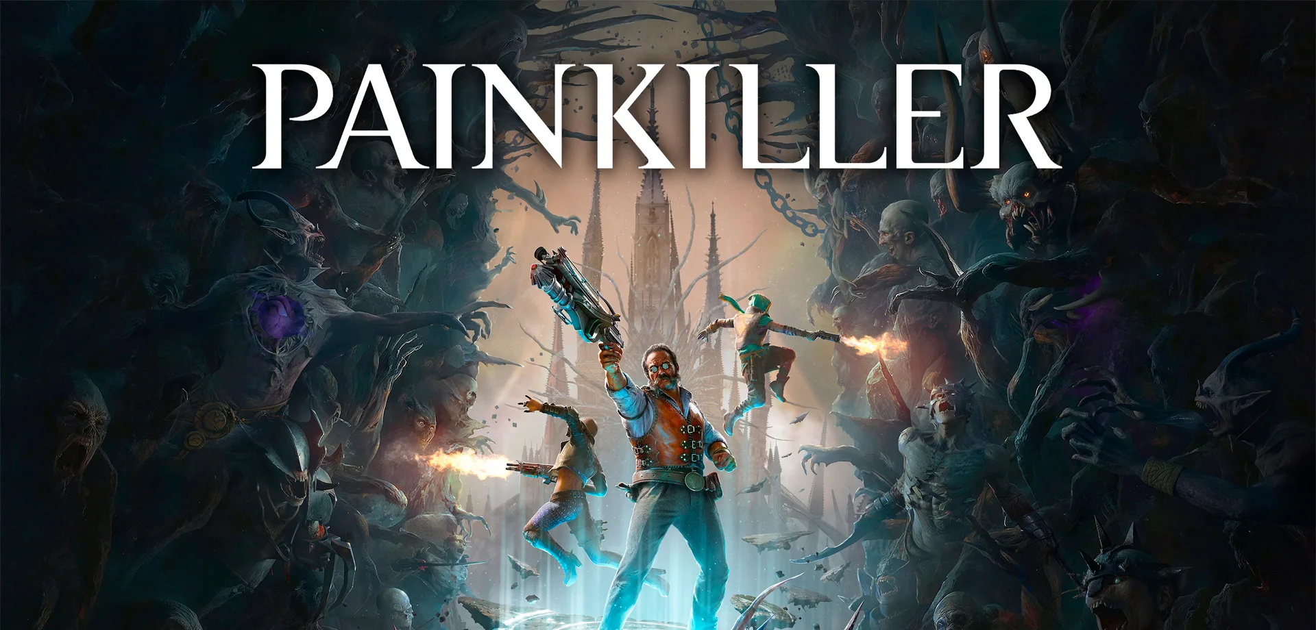 Personagens de Painkiller no meio da cena em um local pequeno enfrentando centenas de inimigos.