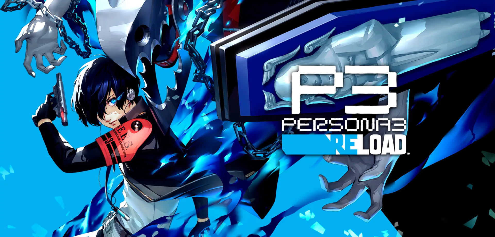 Makoto Yuki, o protagonista de Persona 3 Reload com a logo do jogo ao lado.