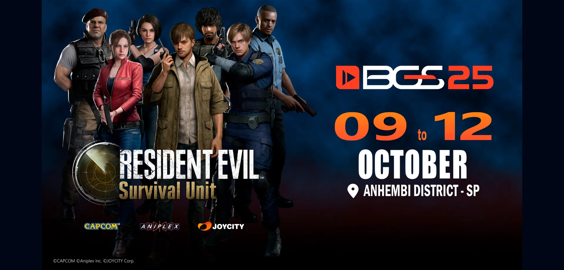 Vários personagens da série Resident Evil em capa de Survival Unit com o logo da Brasil Game Show (BGS) e a data de 9 a 12 de Outubro.