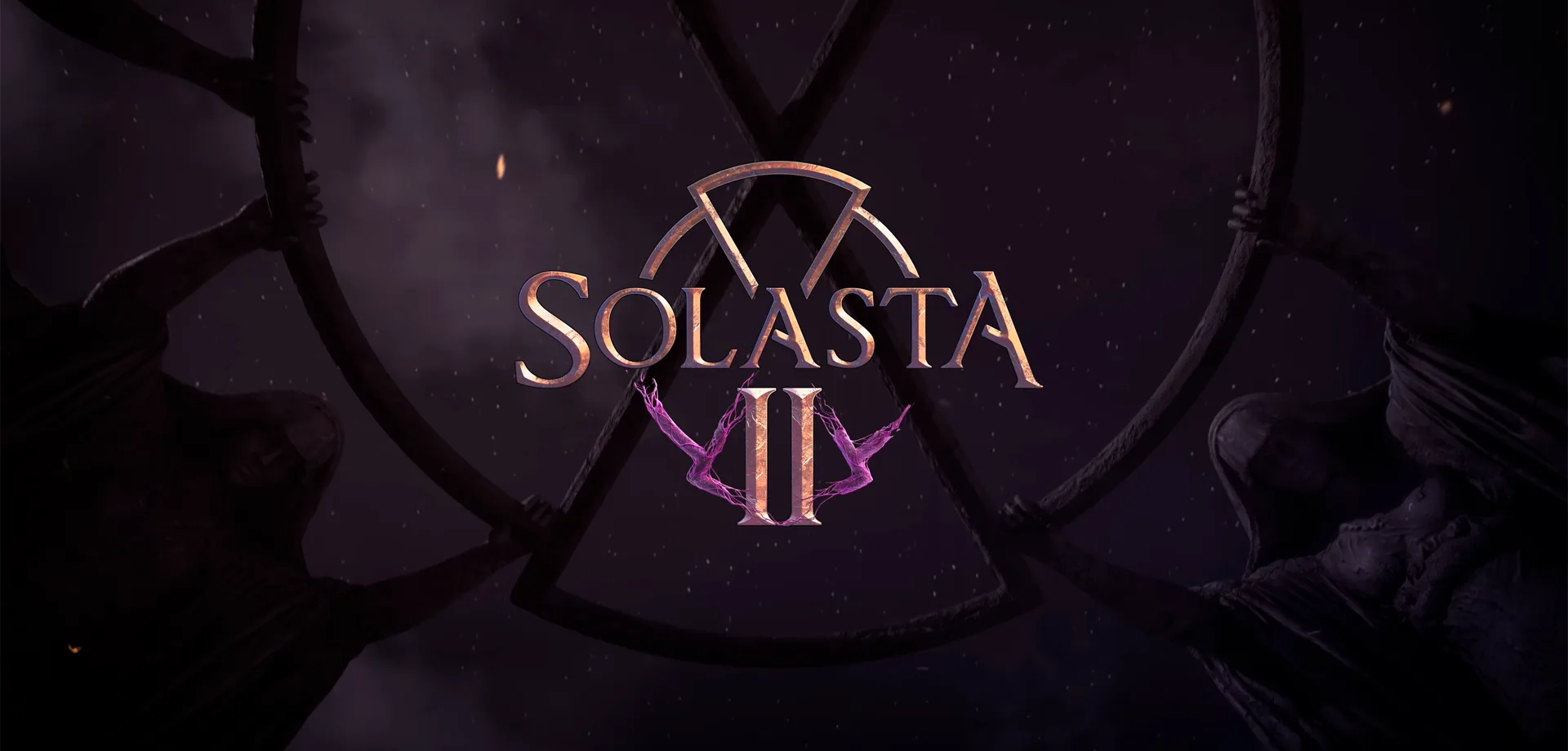 Logo de Solasta II visto diante de um vitral vazado com algumas estátuas segurando e logo atrás um céu estrelado norturno.