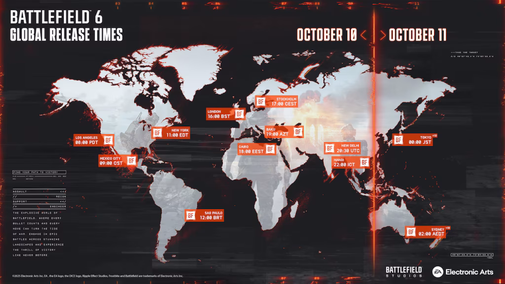 Mapa Global com os horários de lançamento de Battlefield 6.