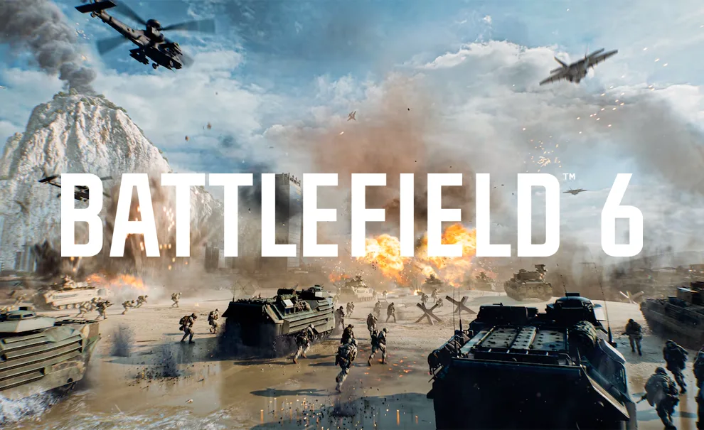 Um campo de batalha em uma praia, com blindados, helicópteros e aviões, além de muitos soldados desembarcados. Tudo isso com a logo de Battlefield 6 à frente.