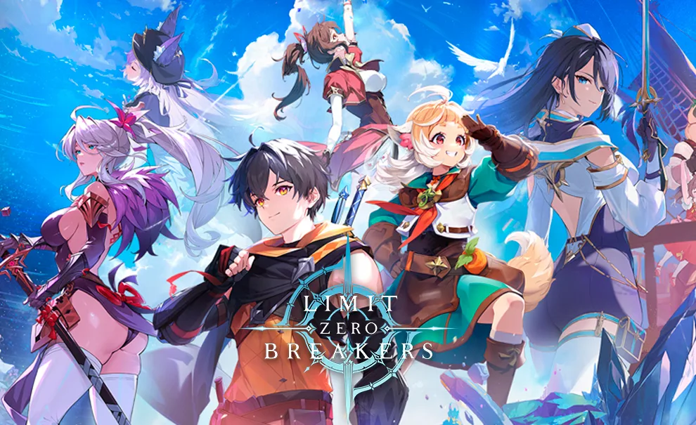 Capa com muitas personagens de Limit Zero Breakers em um fundo com nuvens.