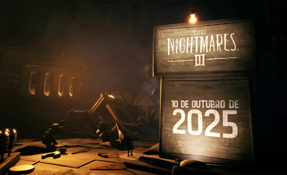 Imagem de Little Nightmares III com personagens à esquerda e um letreiro a direita com a data de 10 de outubro de 2025.
