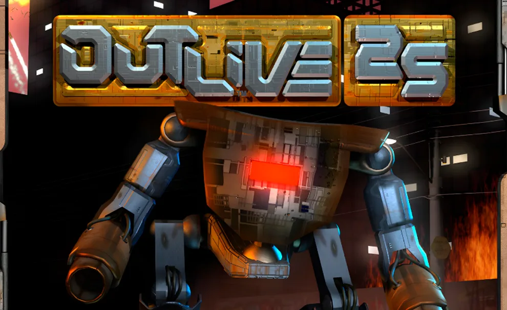 Capa de Outlive 25 com um Robô em uma moldura metálica.