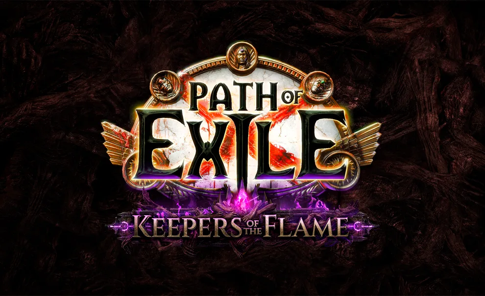 Capa de Path of Exile: Keepers of the Falme com o fundo de corpos apodrecidos e a logo a frente.