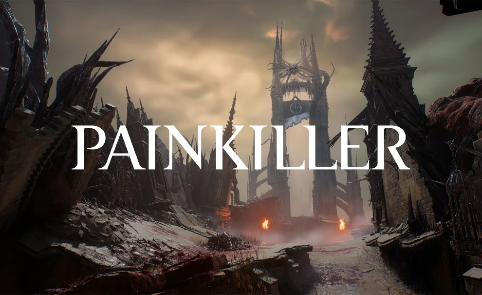 Local do Purgatório em Painkiller com destroços e uma guilhotina estilizada e gigantesca e a logo de Painkiller à frente.