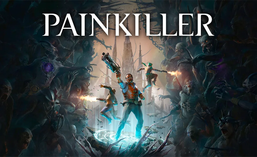 Personagens de Painkiller no meio da cena em um local pequeno enfrentando centenas de inimigos.