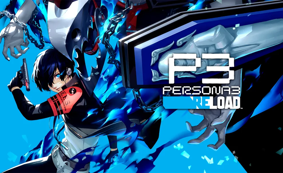 Makoto Yuki, o protagonista de Persona 3 Reload com a logo do jogo ao lado.