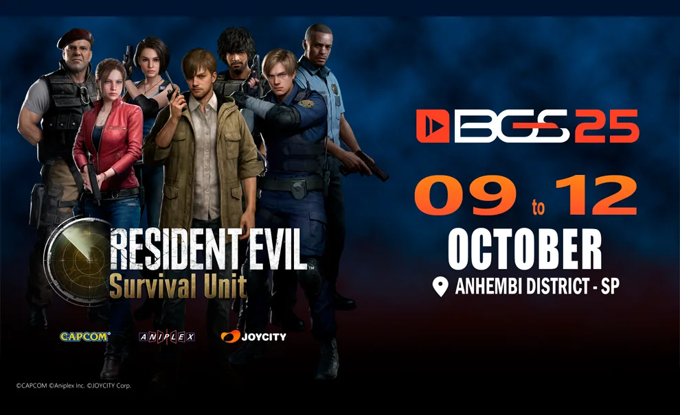 Vários personagens da série Resident Evil em capa de Survival Unit com o logo da Brasil Game Show (BGS) e a data de 9 a 12 de Outubro.