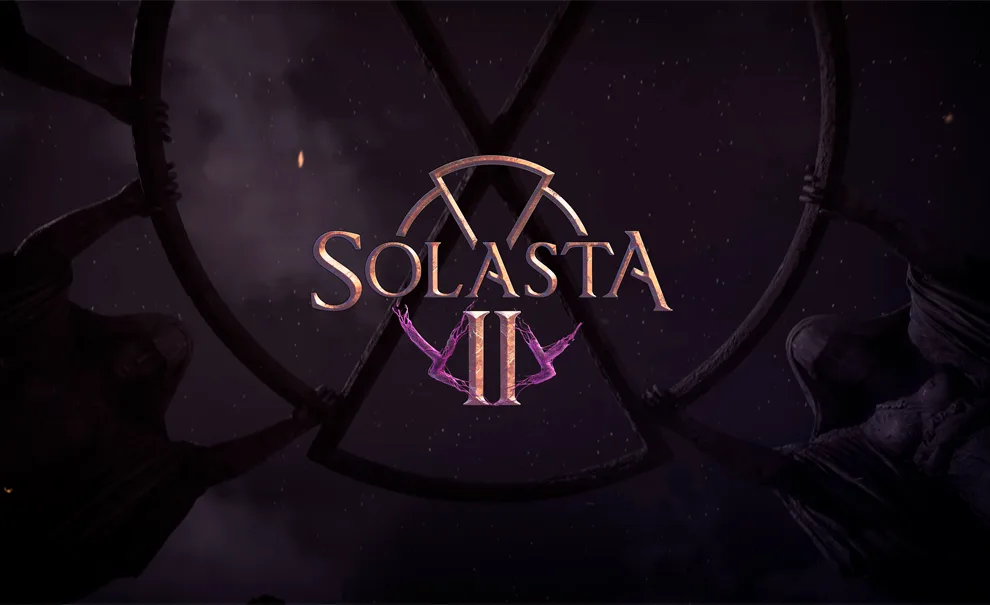 Logo de Solasta II visto diante de um vitral vazado com algumas estátuas segurando e logo atrás um céu estrelado norturno.