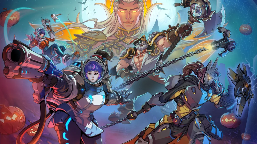 Vários personagens de Overwatch 2 estilizados e alguns deles com máscaras de papelão.