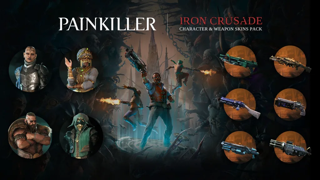 Imagem de Painkiller com a adição iron Crusade com skins de personagens e armas.