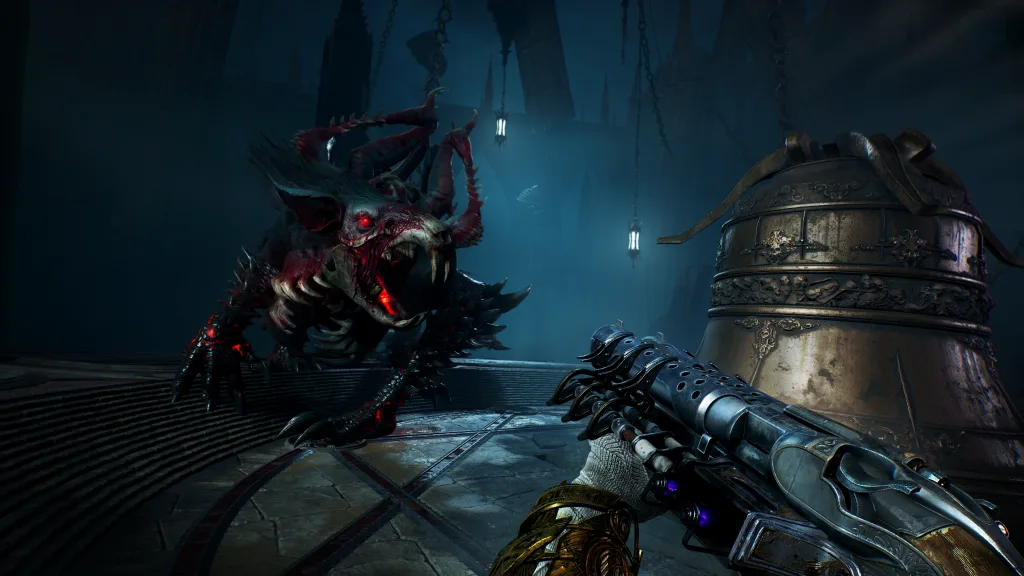 Personagem com visão em primeira pessoa de frente com um monstro com asas e andando em quatro patas em Painkiller.