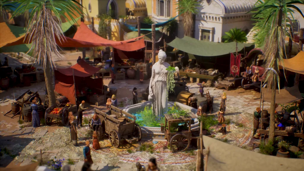 Uma vista de uma praça e feira de uma cidade com uma fonte com estátua no centro.