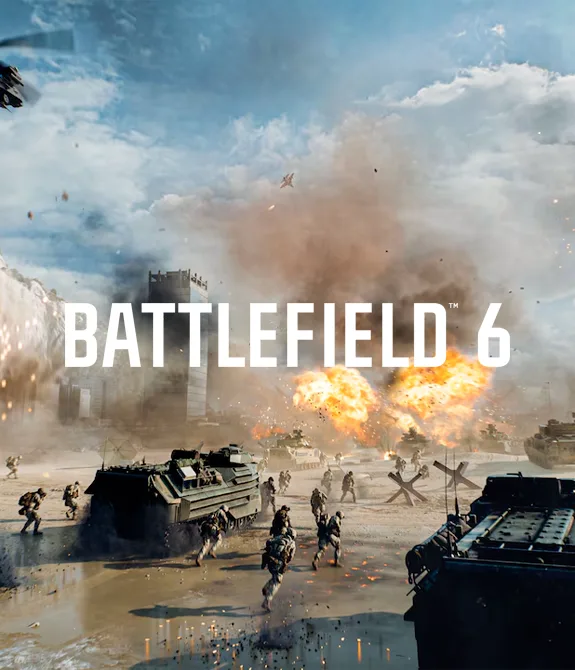 Um campo de batalha em uma praia, com blindados, helicópteros e aviões, além de muitos soldados desembarcados. Tudo isso com a logo de Battlefield 6 à frente.