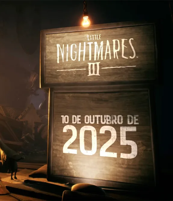 Imagem de Little Nightmares III com personagens à esquerda e um letreiro a direita com a data de 10 de outubro de 2025.