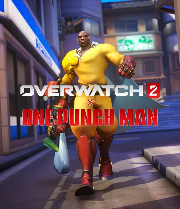 Doomfist com roupa de Saitama em colaboração de Overwatch 2 e On-Punch Man retornando.