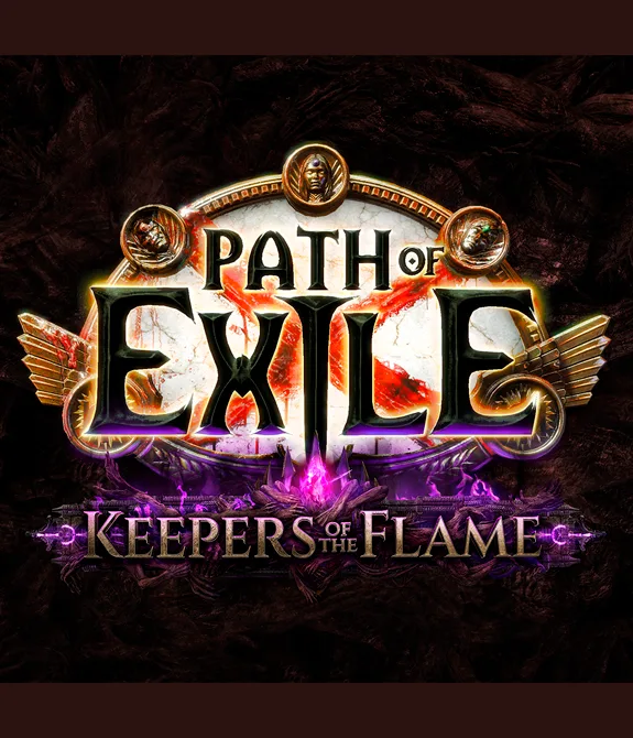 Capa de Path of Exile: Keepers of the Falme com o fundo de corpos apodrecidos e a logo a frente.