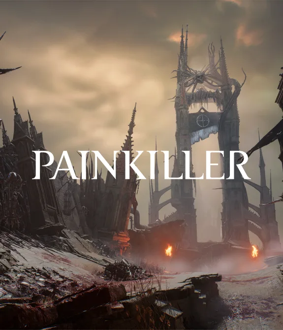 Local do Purgatório em Painkiller com destroços e uma guilhotina estilizada e gigantesca e a logo de Painkiller à frente.