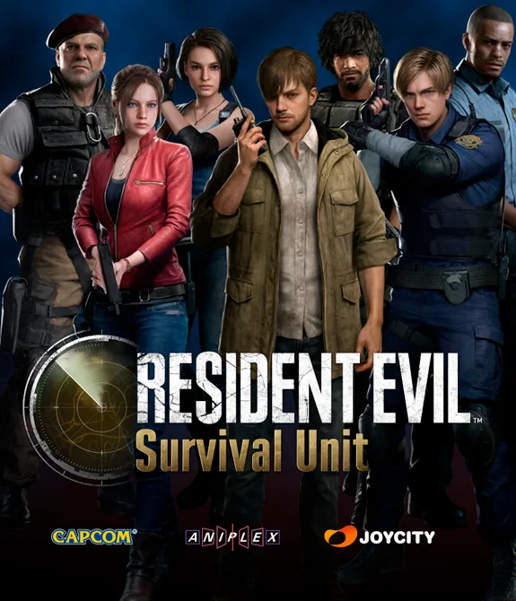 Vários personagens da série Resident Evil em capa de Survival Unit com o logo da Brasil Game Show (BGS) e a data de 9 a 12 de Outubro.