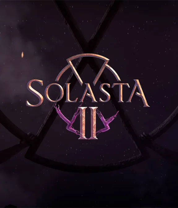 Logo de Solasta II visto diante de um vitral vazado com algumas estátuas segurando e logo atrás um céu estrelado norturno.
