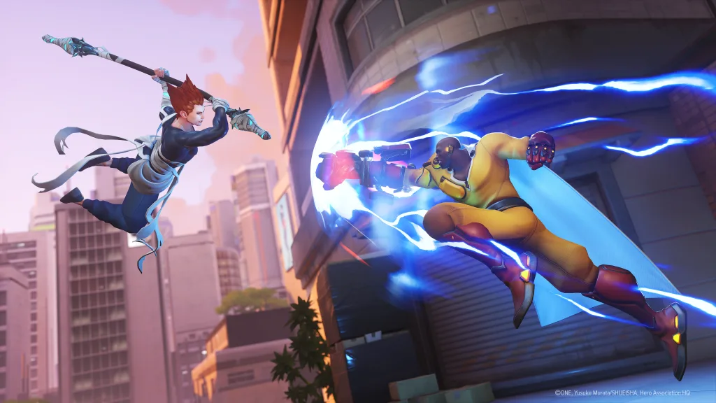 Wuyang e Doomfista nas roupas de heróis de One-Punch Man em duelo.
