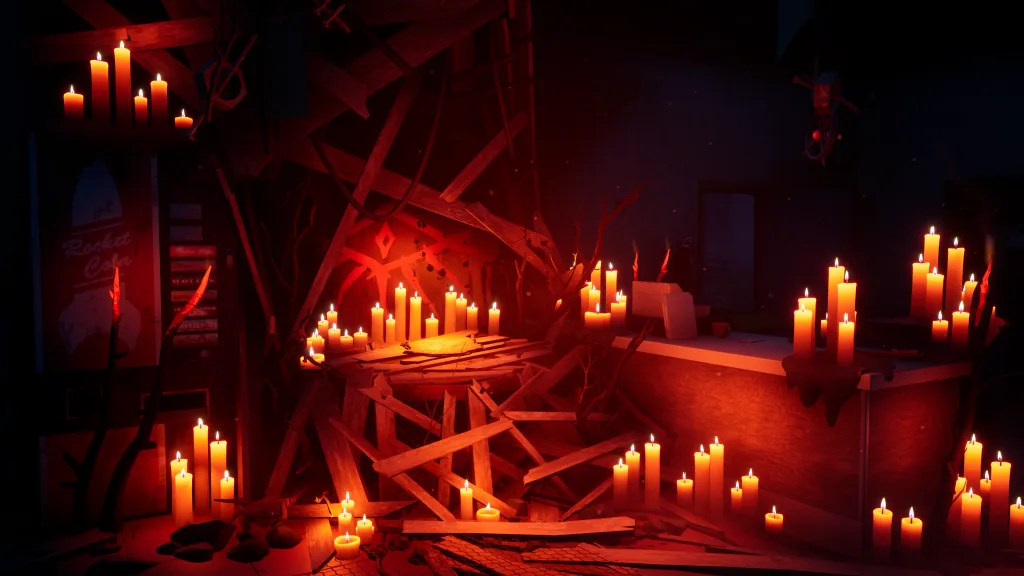 Local com várias velas e um artefato do jogo em uma mesa.