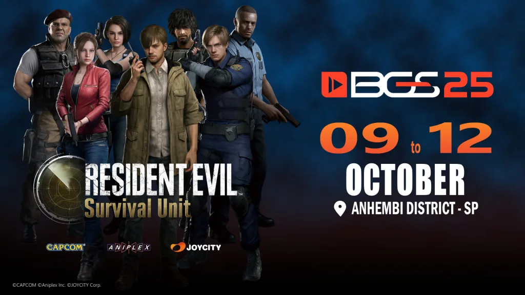 Vários personagens da série Resident Evil em capa de Survival Unit com o logo da Brasil Game Show (BGS) e a data de 9 a 12 de Outubro.
