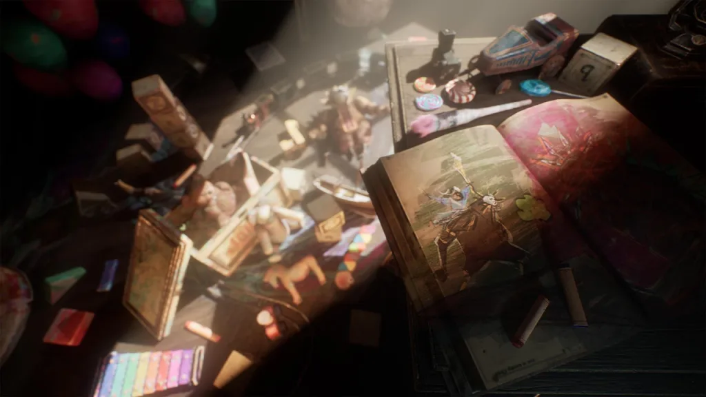 Imagem de Clair Obscur: Expedition 33 com vários brinquedos de madeira, balões e um livro de artes numa sala iluminada pelo sol.