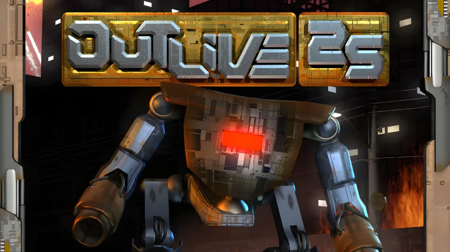Capa de Outlive 25 com um Robô em uma moldura metálica.