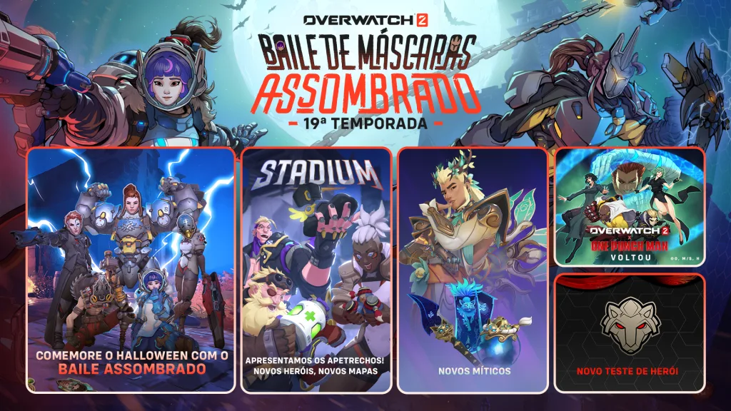 Overwatch 2 Baile de Máscaras Assombrado na Temporada 19 e seus eventos e skins.