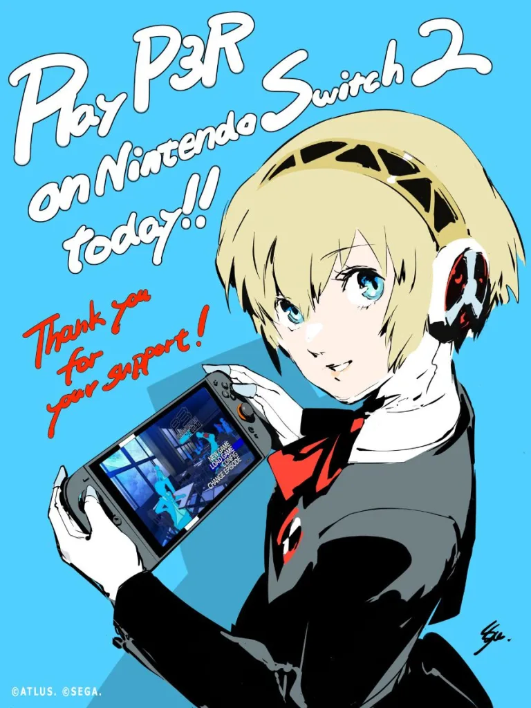 Personagem de Persona 3 Reload segurando um Nintendo Switch 2 e olhando para trás.