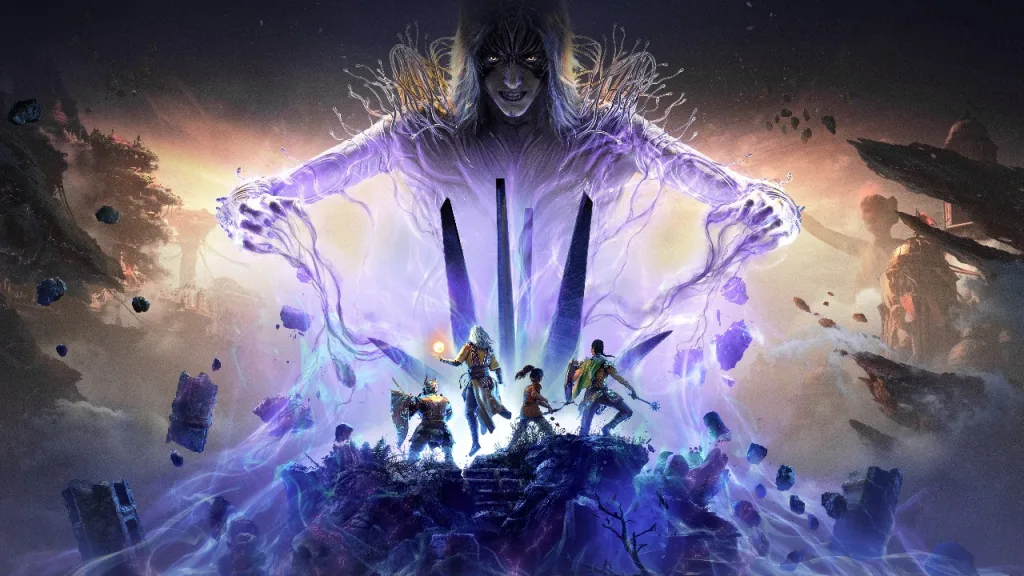 Uma grande imagem do que aparenta ser um mago com poderes grandiosos e atacando os personagens em um topo de escada.