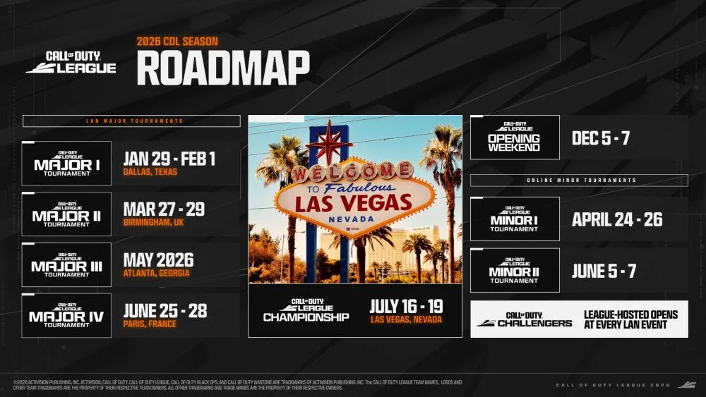 Roadmap do Call of Duty League 2026 com datas e uma foto de Las Vegas.