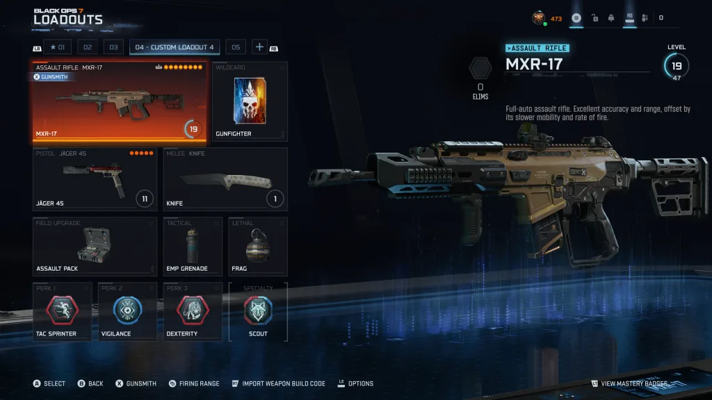 Tela de Loadout com Arma Principal em foco.