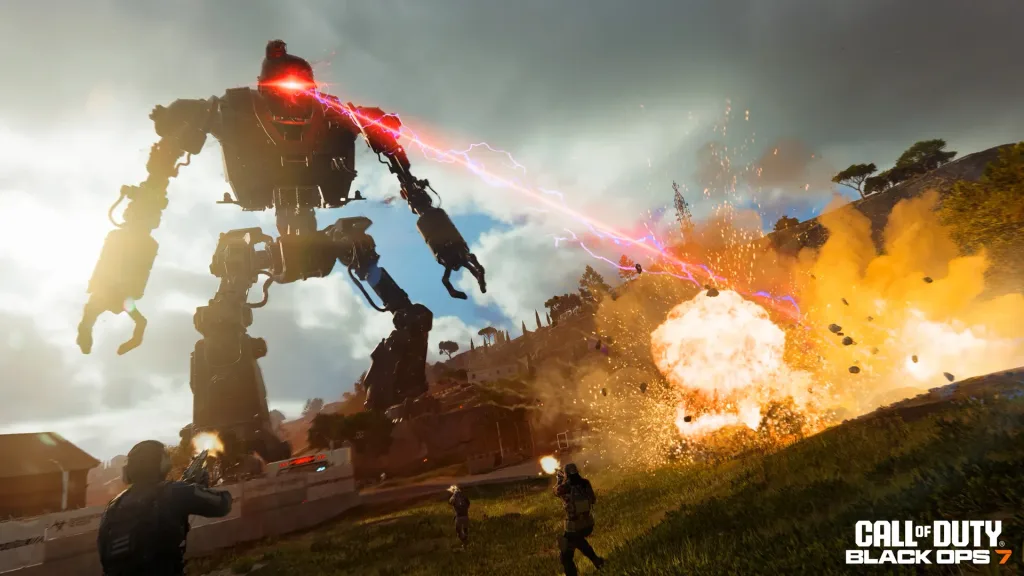 Robô gigante soltando um laser pelos olhos em direção a personagens dos jogadores.