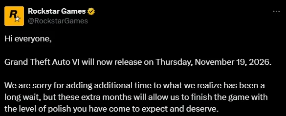 Imagem com texto oficial da Rockstar Games via X (antigo Twitter).