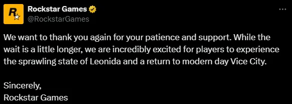 Segunda imagem com texto oficial da Rockstar Games via X (antigo Twitter).
