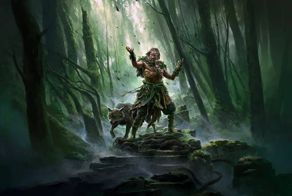 Path of Exile 2: The Last of the Druids com ilustração base - Druida ao lado de lobo em meio a floresta.