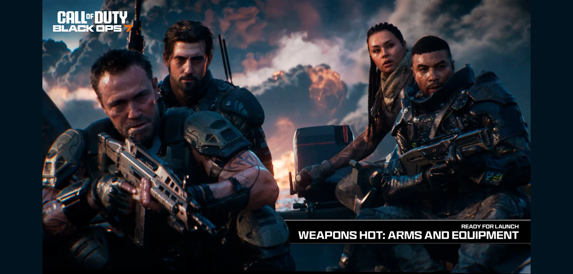 Personagens principais de Call of Duty Black Ops 7 em uma embarcação motorizada e equipados e frase em inglês falando sobre Armamento e Equipamento.