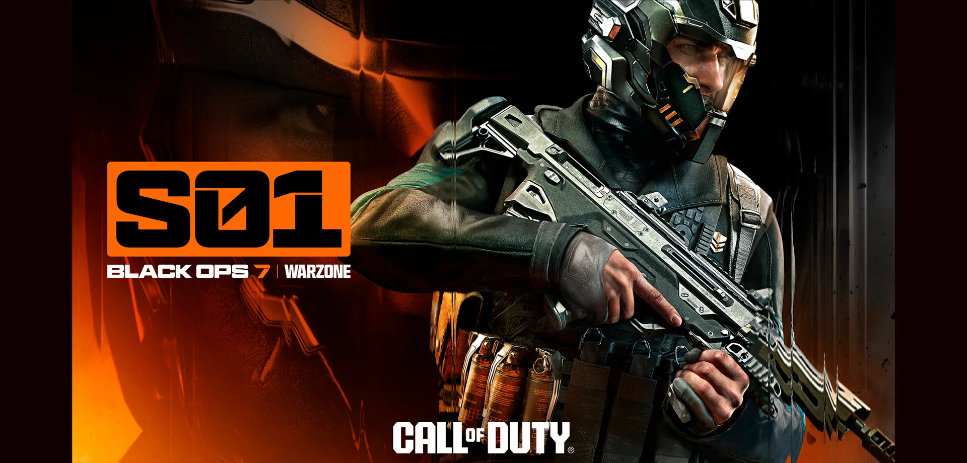 Call of Duty: Black Ops 7 e a Temporada 1 de todos os modos representados com um soldado com estilo futurista, capacete, e um fundo laranja e preto juntamente com um foco em seu olhar.