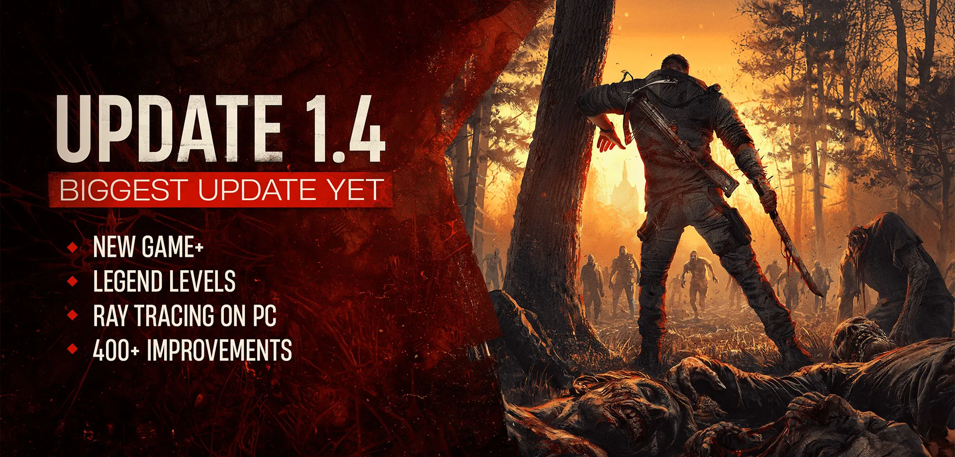 Imagem mostrando a Atualização 1.4 e algumas de suas melhorias, além da imagem do protagonista de Dying Light: The Beast envolto de corpos de zumbis e olhando pra outra turba se aproximando rapidamente.