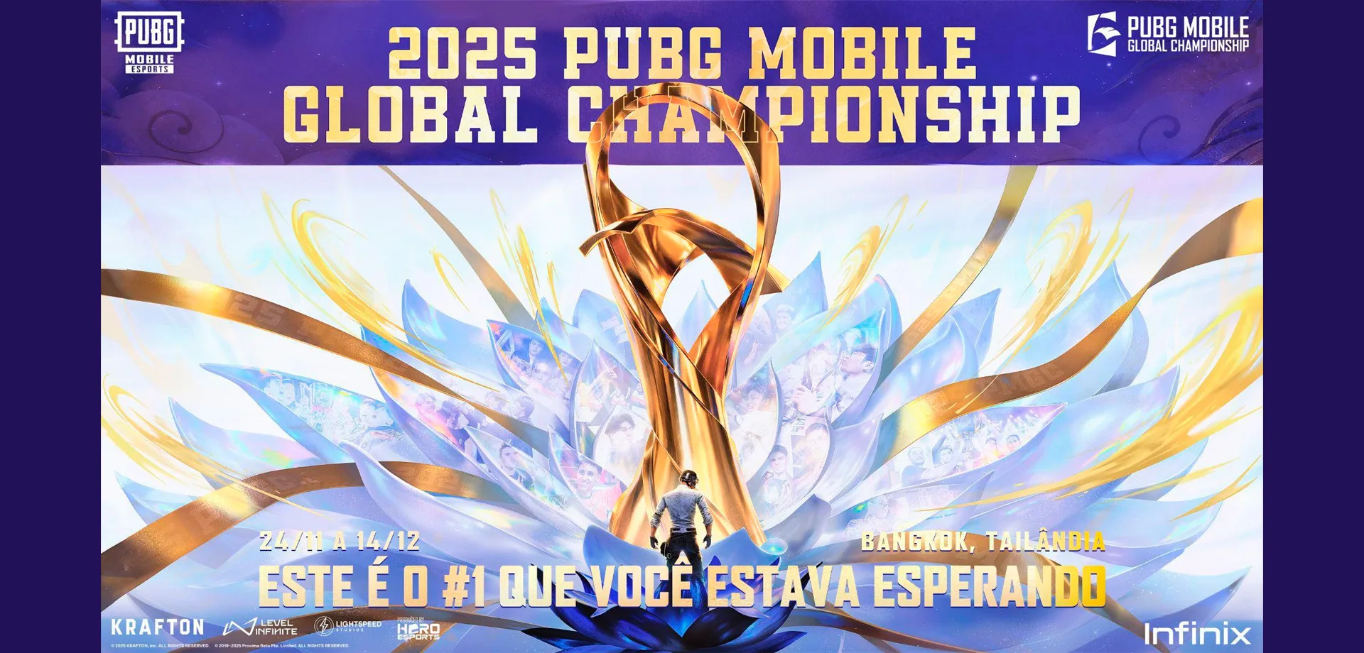 PUBG Mobile Global Championship 2025 com personagem clássico com capacete de frente para troféu e logo atrás uma flor grandiosa e em suas pétalas fotos de jogadores.