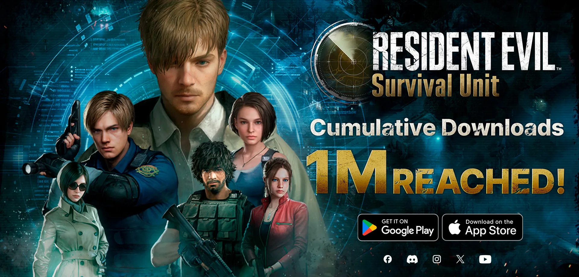 Imagem de Resident Evil Survival Unit mostrando a marca de 1 milhão de downloads cumulativos e com as personagens "O Operativo", Leon S. Kennedy, Jill Valentine, Ada Wong, Carlos Oliveira e Claire Redfield.