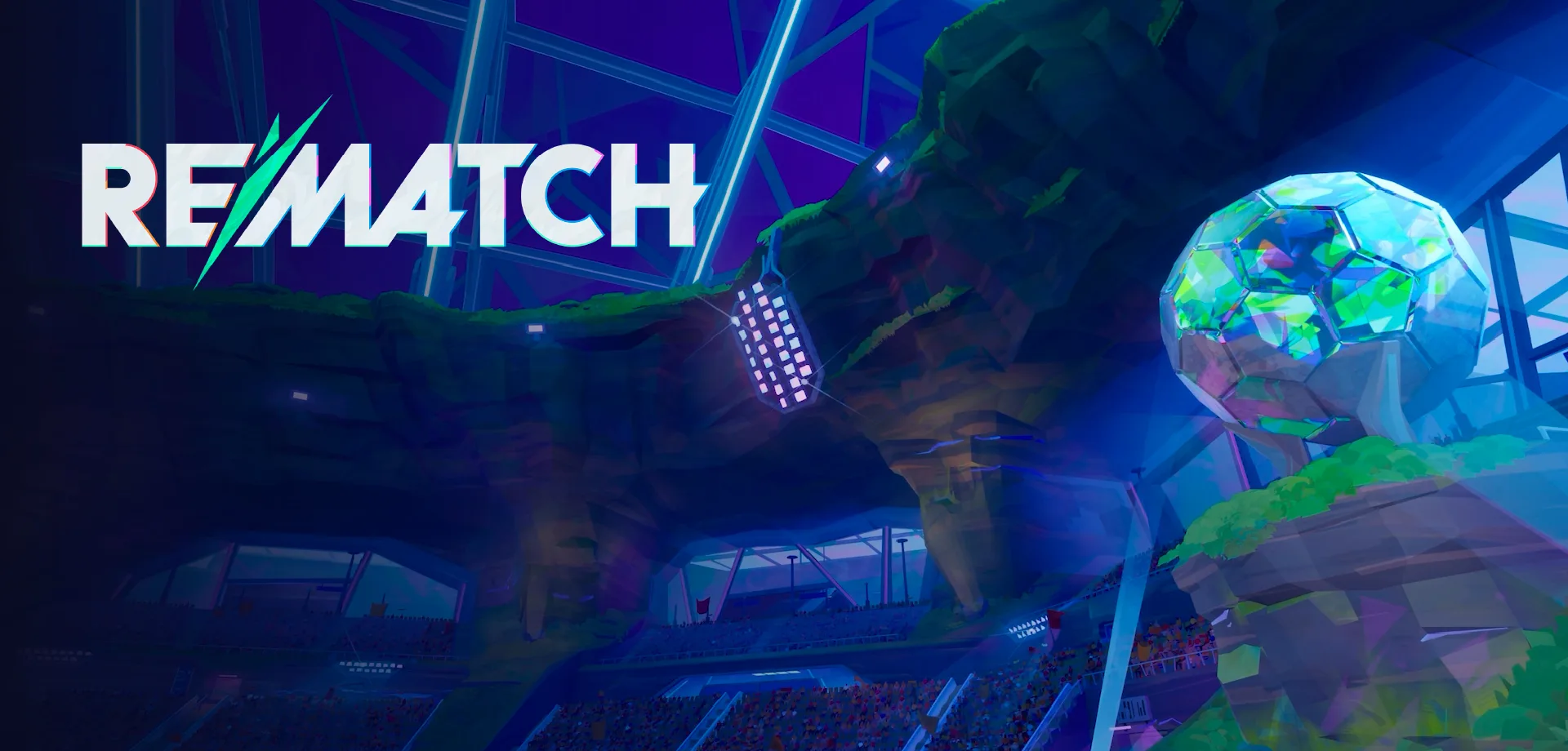 Fundo com arquibancada em rocha, tipo cavernas, com globo de luz em formato de bolo de futebol com a logo de Rematch à frente.