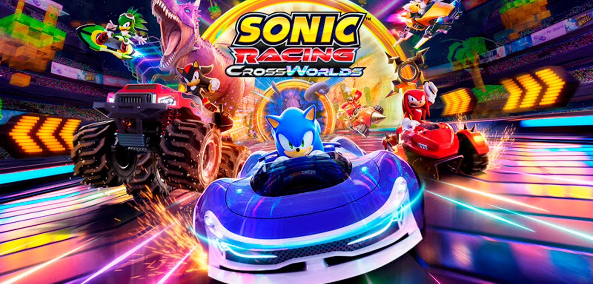 Capa de Sonic Racing CrossWorls com Sonic na frente em seu carro azul acompanhado de vários personagens conhecidos da franquia.
