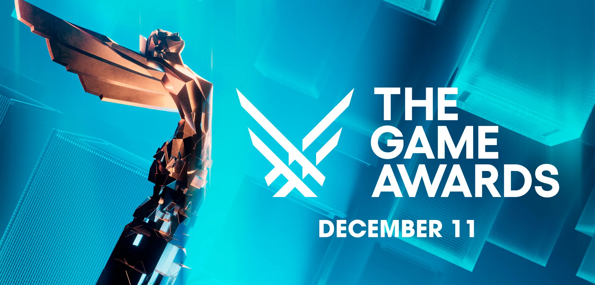 Fundo Azul com quadrados estilizados, estatueta da TGA The Game Awards 2025 e a data de 11 de Dezembro.
