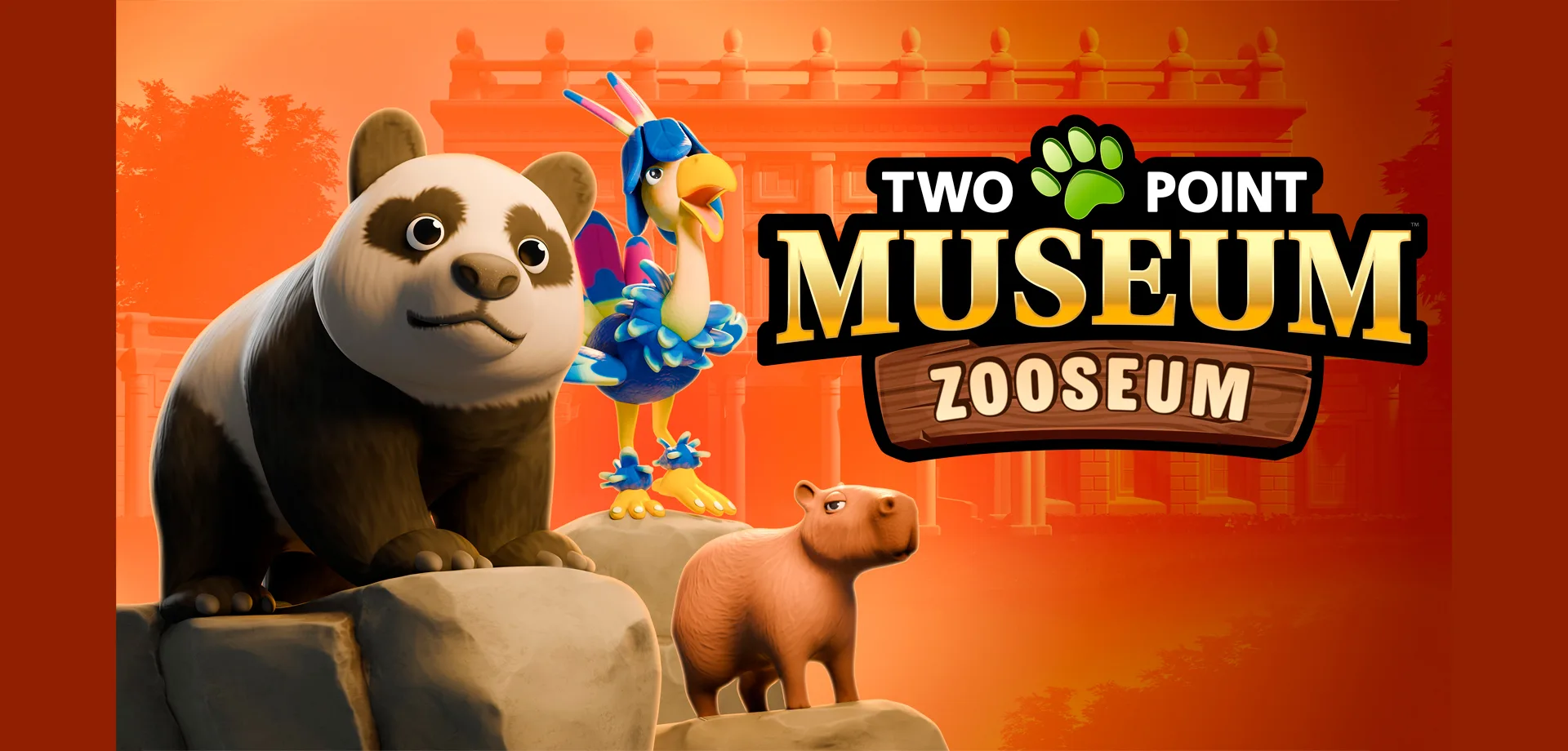 Uma ave um panda e uma capivara em cima de pedras. Ao fundo uma entrada de um museu e à direita a logo de Two Point Museum Zooseum.