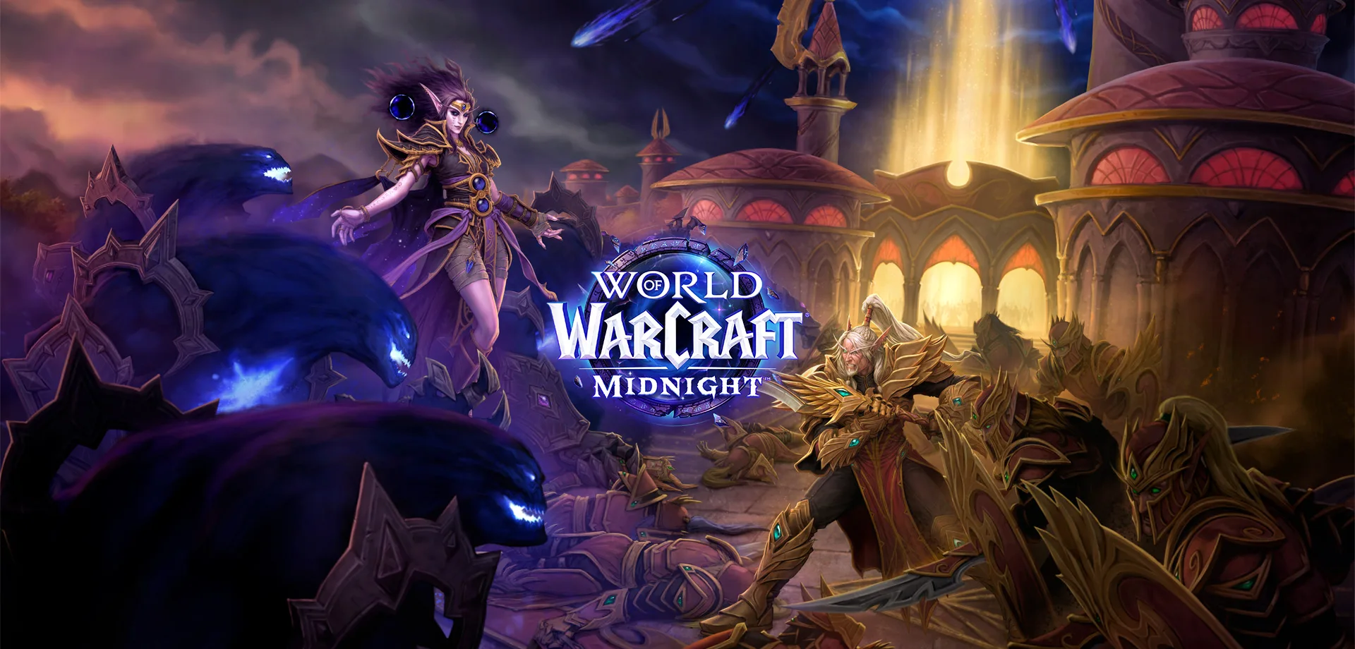 Personagens se enfrentam em constraste de escuridão e luz em World of Warcraft Midnight.